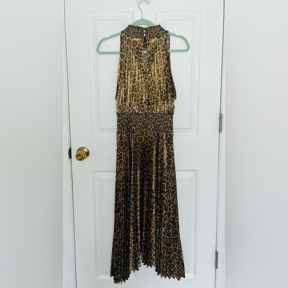 A.L.C. Renzo Pleated Midi Dress Metallic Gold Sz 12 Leopard Print Mock Neck - Picture 2 of 3